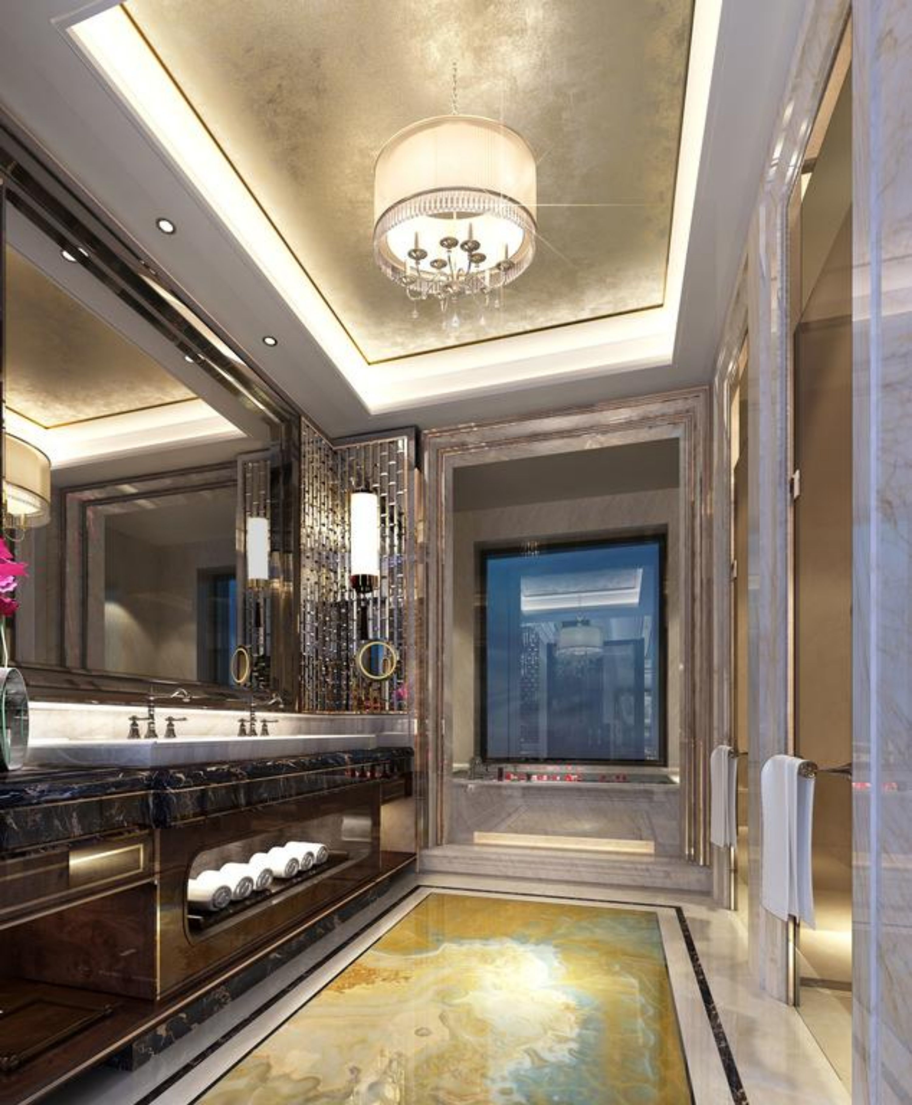 A luxurious bathroom with a large mirror, dual sinks, a chandelier, and a unique floor design.