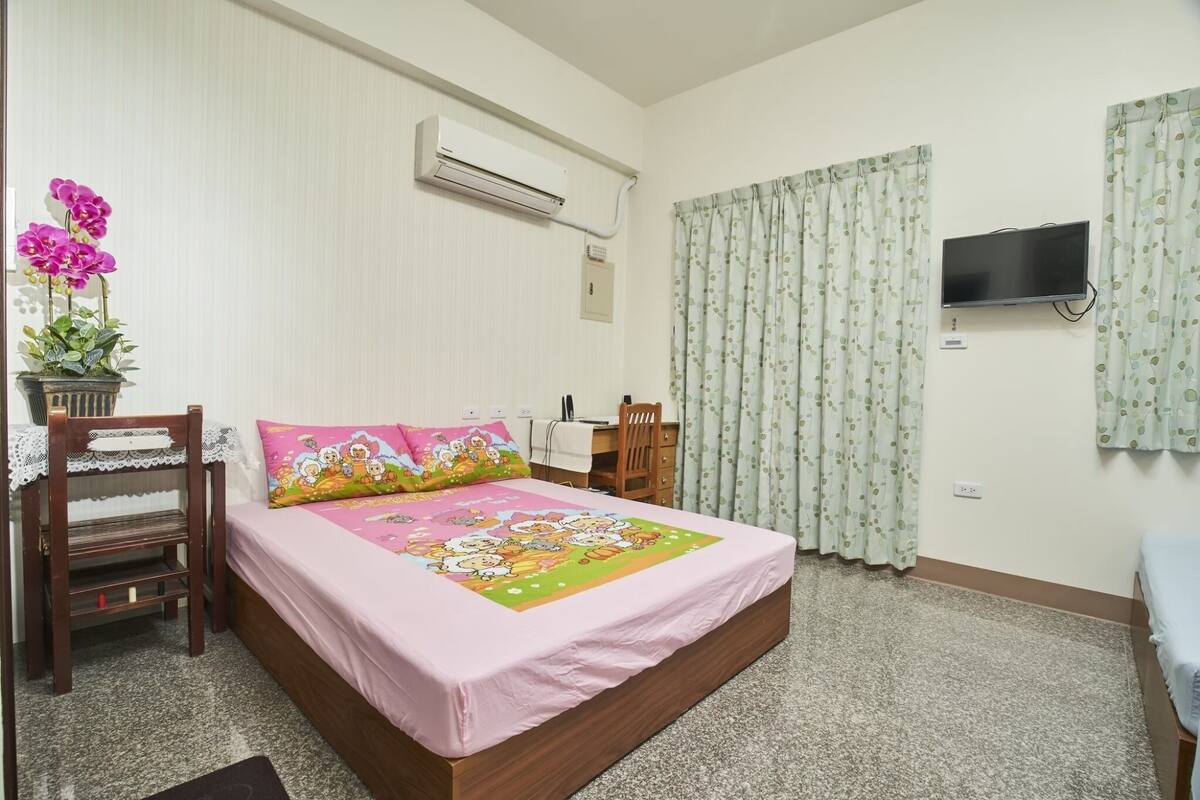 Una camera da letto con un letto, una scrivania, una sedia, una televisione e una pianta in vaso.
