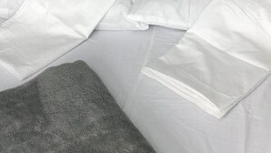Una cama bien hecha con sábanas blancas, una toalla gris y una planta en maceta sobre un estante.
