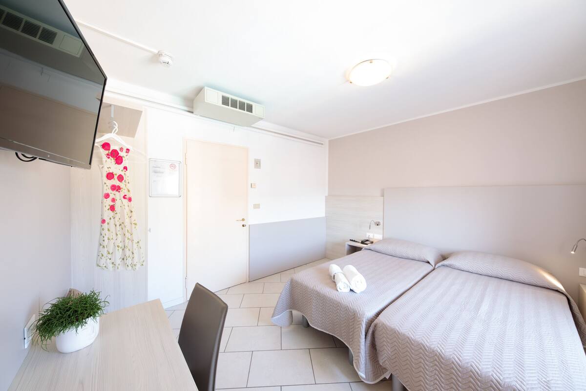 Une chambre d’hôtel avec un lit, un bureau, une chaise, une télévision et une plante en pot.