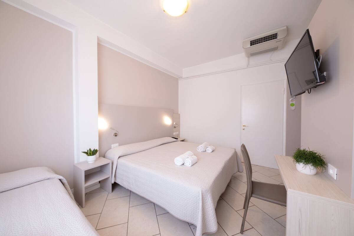 Une chambre d’hôtel avec deux lits, un bureau, une chaise, une télévision et une plante.