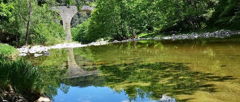 Un río cristalino con un puente de piedra al fondo, rodeado de abundante vegetación.