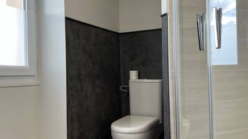 A modern bathroom with a toilet, a shower, and a window.