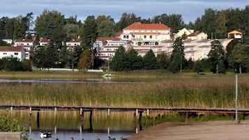 A lake with ducks, surrounded by residential buildings and trees.