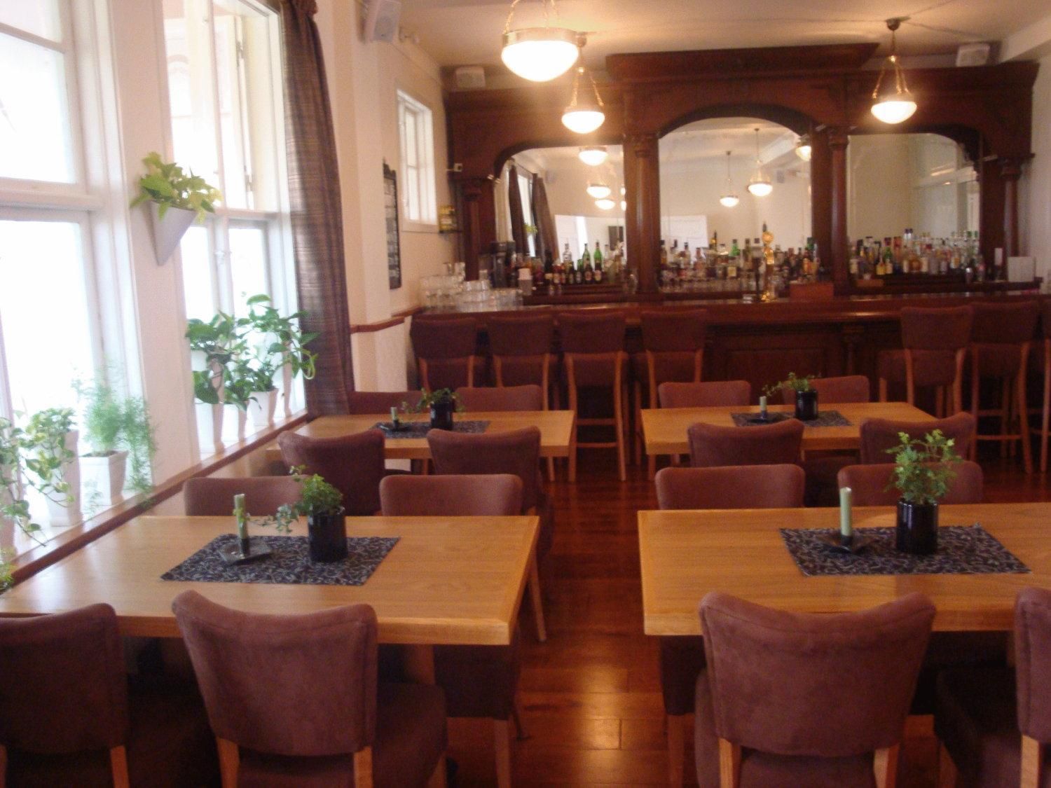 A restaurant interior with multiple wooden tables and chairs, potted plants on each table, and a bar area in the background.