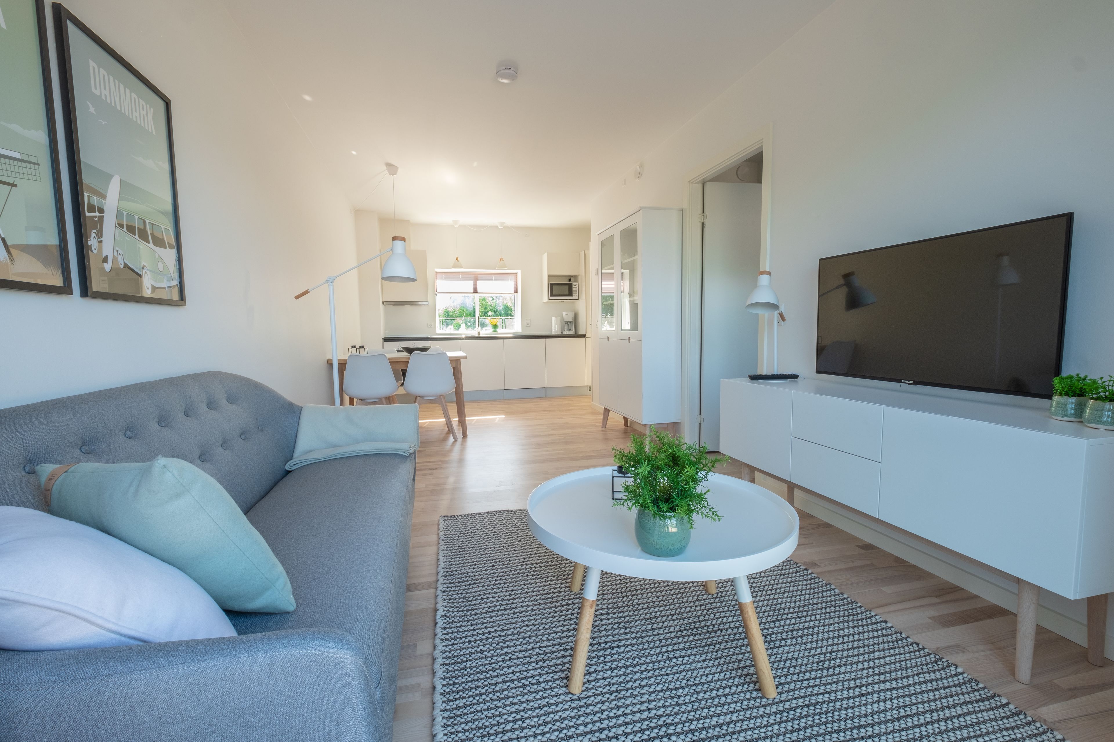 A modern living room with a grey sofa, a round white coffee table with a plant, and a flat-screen TV on a white cabinet.