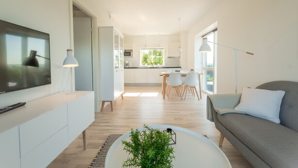 A modern living room with a flat-screen TV, a grey sofa, and a coffee table with a plant. - Aalborg Hotel Apartments (Aalborg)