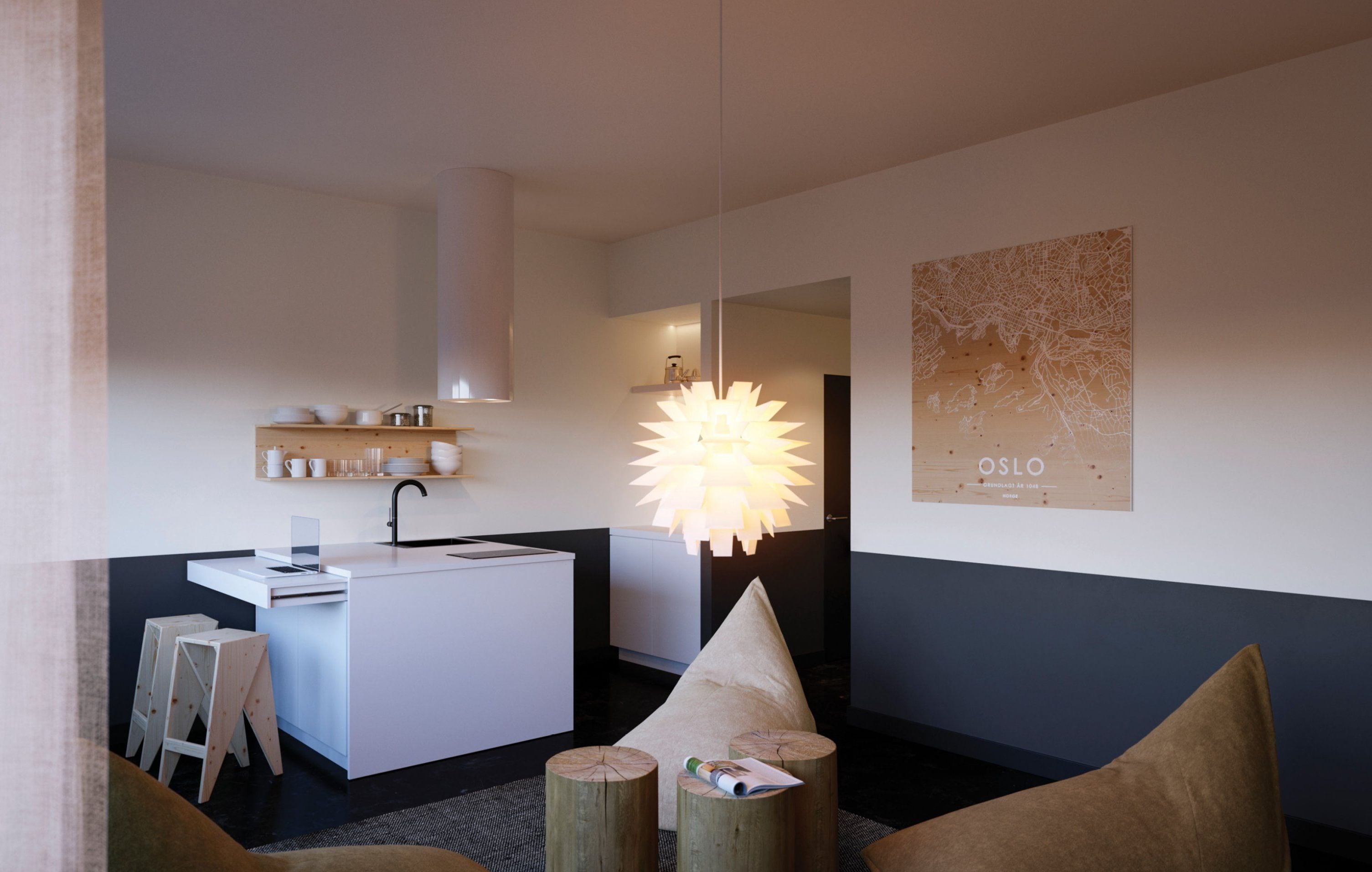 Een moderne keuken met een centraal eiland, houten stoelen en een bijzondere lamp.