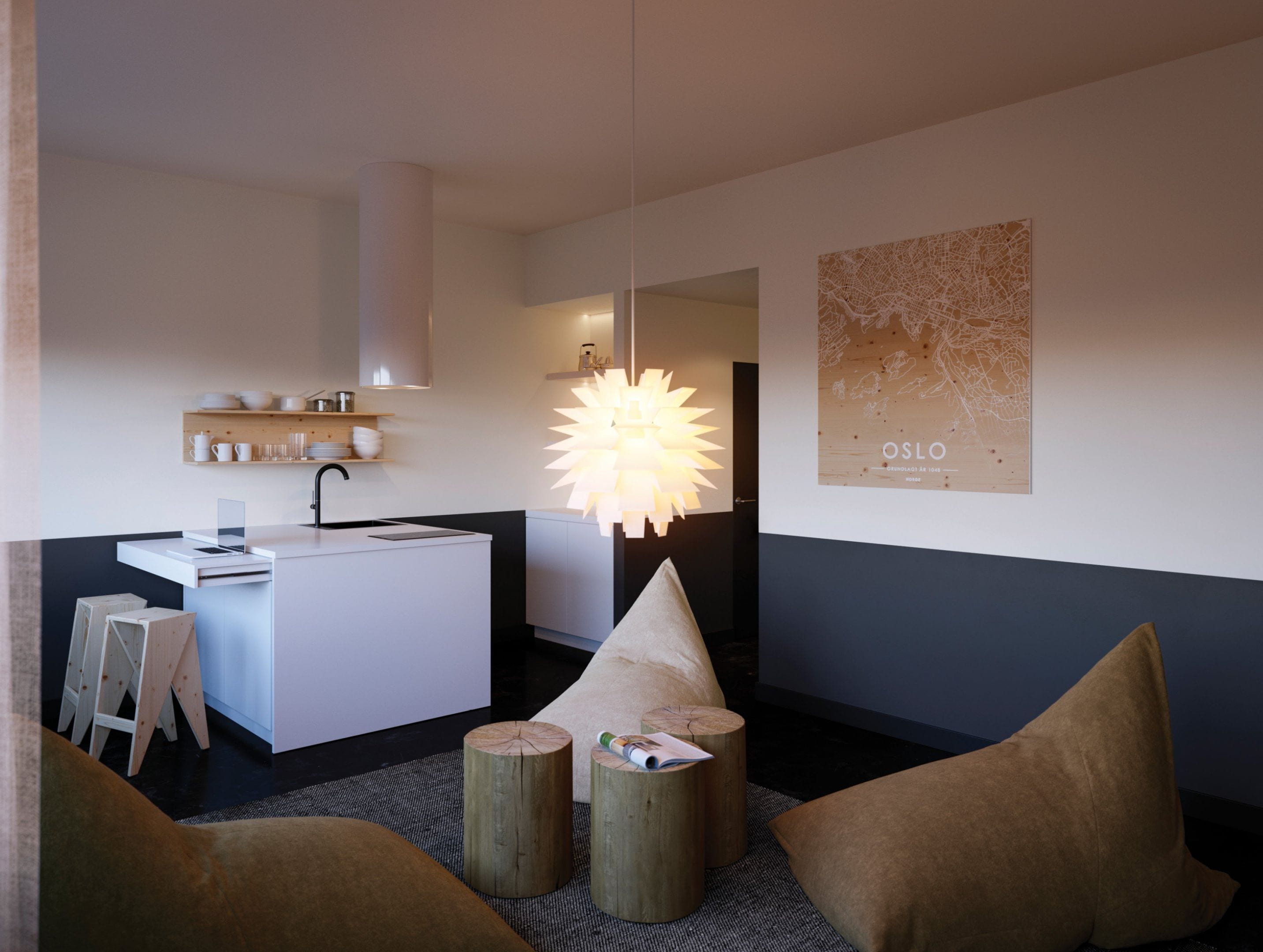 A modern hotel room with a minimalist design, featuring a white sink, a large abstract light fixture, and a map of Oslo on the wall.