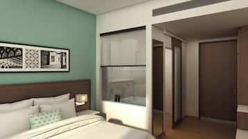 Une chambre d’hôtel moderne comprenant un lit, une grande fenêtre, une salle de bain avec un miroir et une armoire.