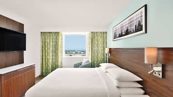 A hotel room with a large bed, a TV mounted on a wooden panel, a window with a view of a cityscape, and a framed picture on the wall.