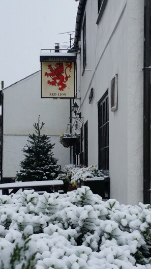 Letrero de un pub Red Lion en un edificio blanco con plantas cubiertas de nieve y un árbol de Navidad.