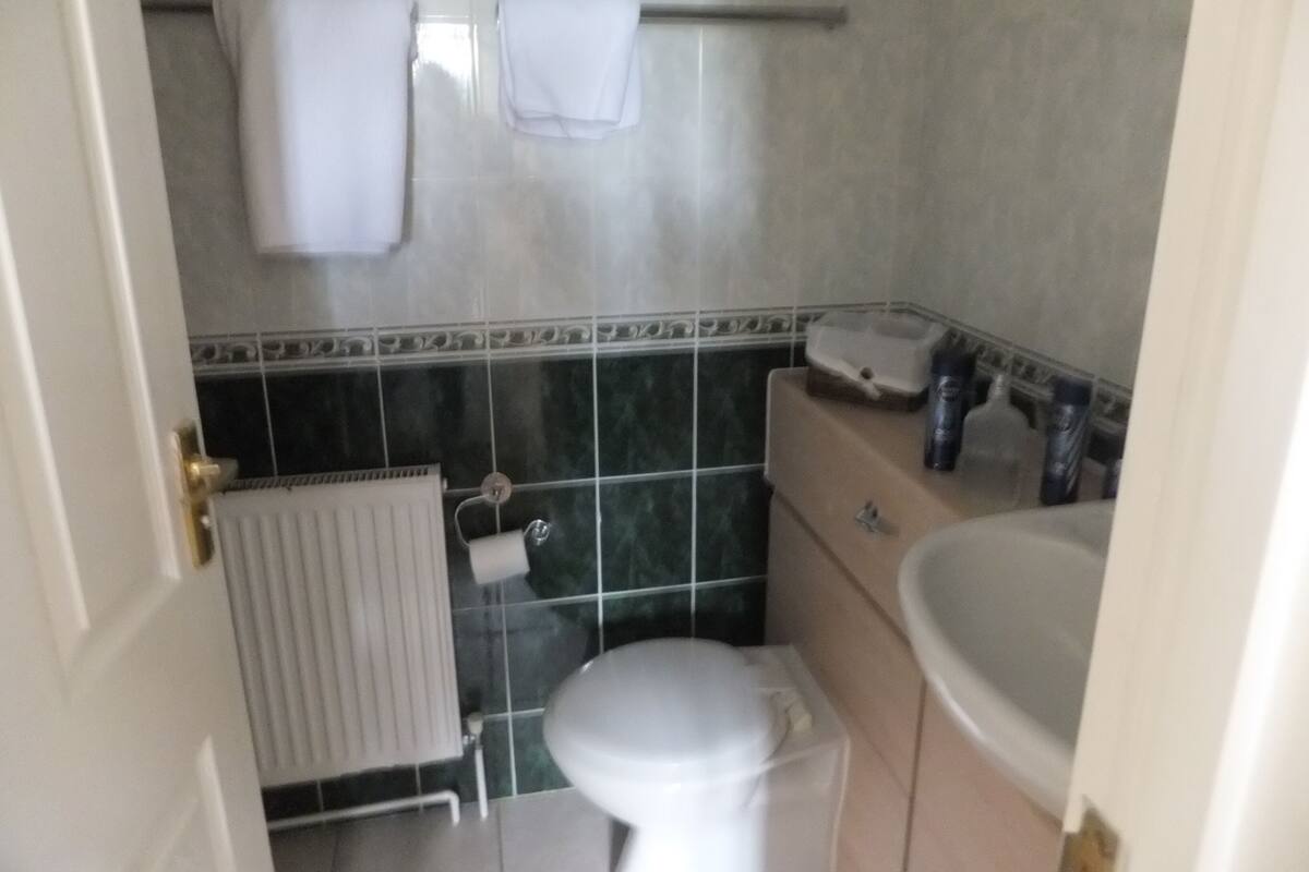 A small bathroom with a toilet, sink, and towel rack.