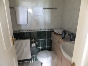 Un baño pequeño con inodoro, lavamanos y barra para toallas.