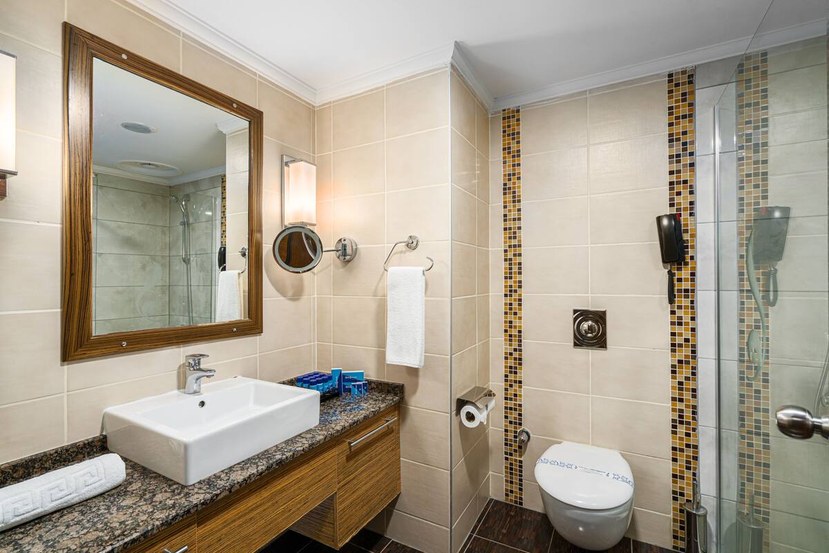 A bathroom with a sink, mirror, towel, toilet, and shower.