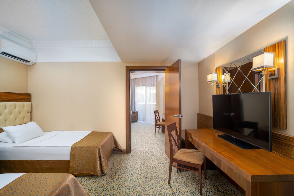A hotel room with a bed, a desk with a TV, and a chair.