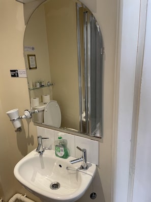 A bathroom with a white sink, chrome faucet, and a large mirror. There is a toilet paper holder and a bottle of hand soap on the wall.