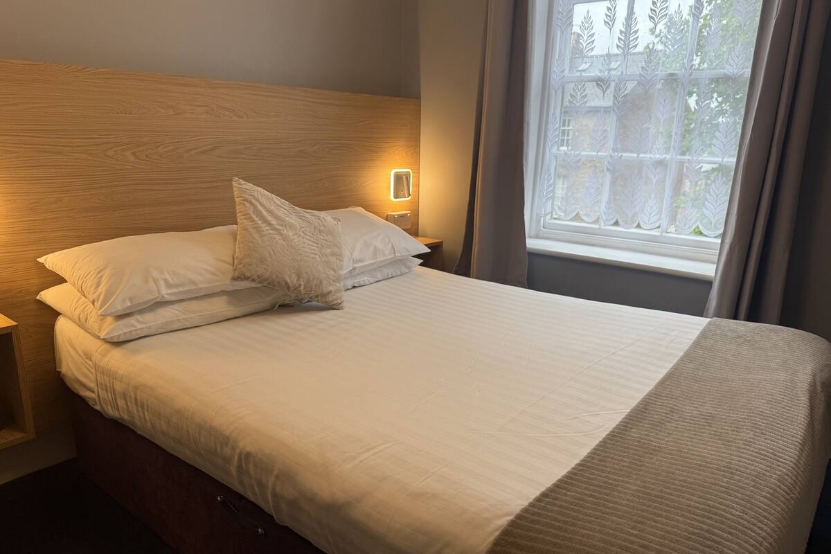 A neatly made bed with white linens and a wooden headboard, a bedside table with a lamp, and a window with a view of greenery.
