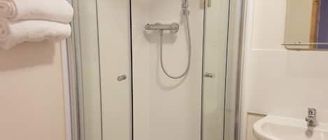 Une douche en verre avec un pommeau de douche amovible, des toilettes blanches et un lavabo avec un miroir au-dessus.