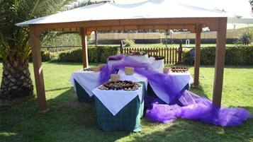 Montaje para un evento al aire libre con un pabellón cubierto, mesas con comida y una palmera.