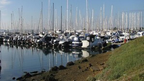 A marina with numerous boats docked along the water's edge. - Auplands (Lymington)