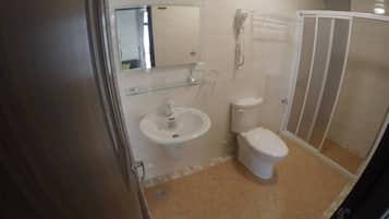 Shower, free toiletries, hair dryer, slippers