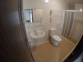 Shower, free toiletries, hair dryer, slippers