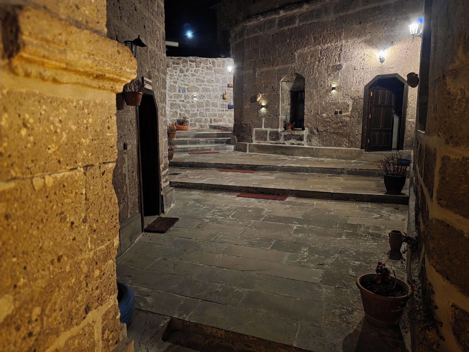 A stone staircase leading up to a dark doorway, with potted plants and wall-mounted lights.