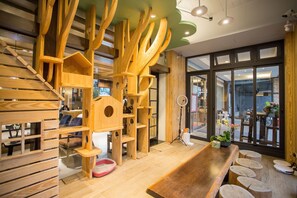 Een modern interieur met houten meubels, een trap en grote ramen.