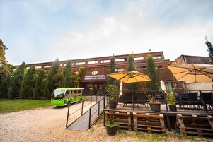 Un hotel con diseño moderno, zona de estar al aire libre y servicio de transporte lanzadera ecológico.