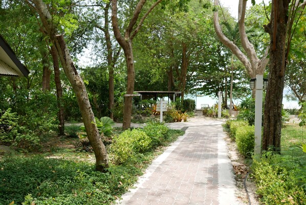 A paved pathway flanked by lush greenery and trees, leading to a covered structure labeled "Front Office."