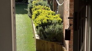 Uitzicht door een deuropening op een tuin met een bakstenen muur, een houten plantenbak met struiken en een geplaveid terras.
