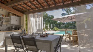 An outdoor dining area with a table and chairs, a pool in the background, and a covered patio. - La Bastide du Bouchou (Six-Fours-les-Plages)