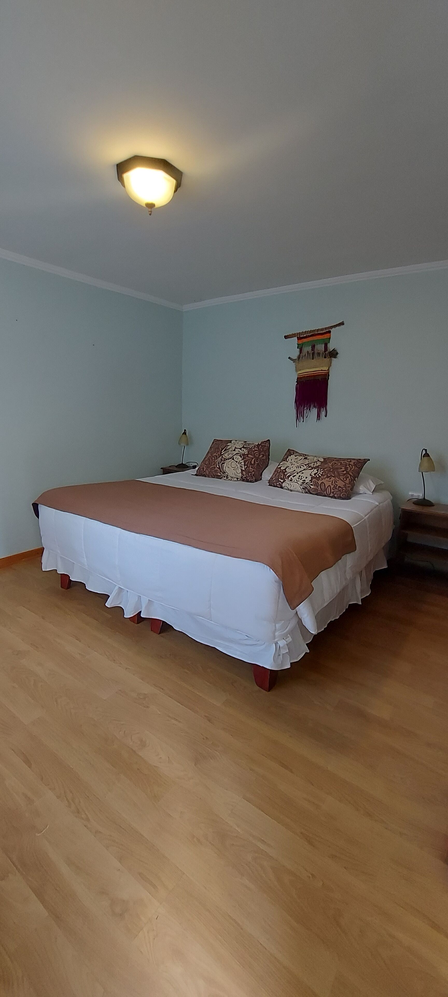 Une chambre avec un grand lit, une table de chevet, une décoration murale et un luminaire au plafond.