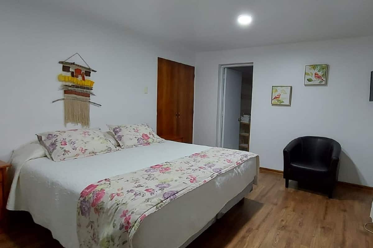 Un dormitorio con cama, una silla, una mesita de noche, un armario y una puerta.