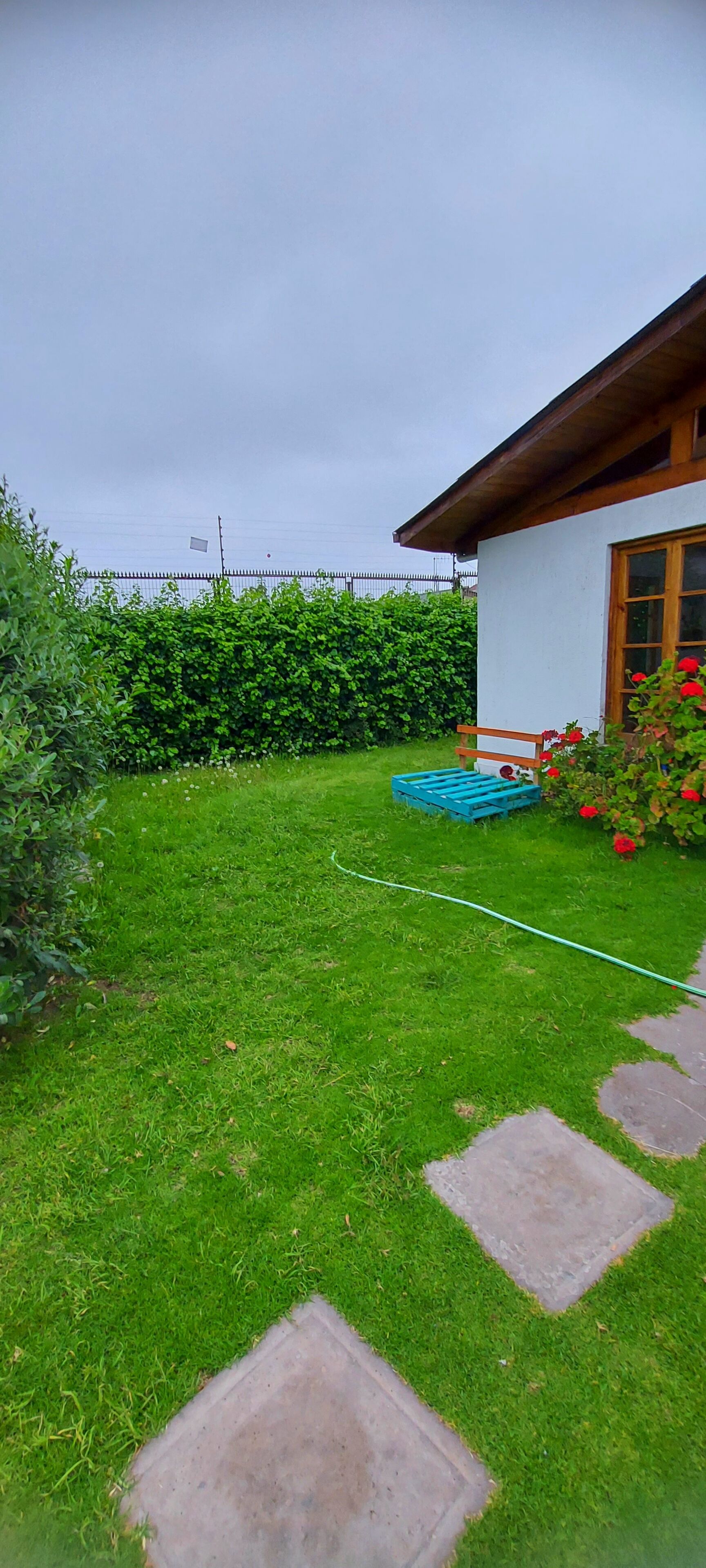 A well-maintained grassy yard with a wooden fence, a blue pallet, and a garden with red flowers.