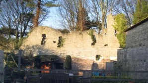 An outdoor patio area with stone flooring, a wooden bench, and a brick wall with climbing plants. - The Priory (Leyburn)