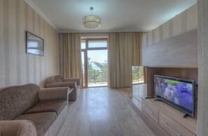 A living room with a sofa, TV, and a balcony view. - Shihov Hotel (Baku)