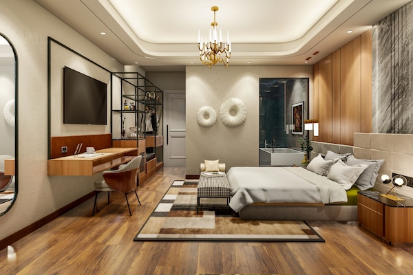 Roupas de cama premium, cofres nos quartos, escrivaninha