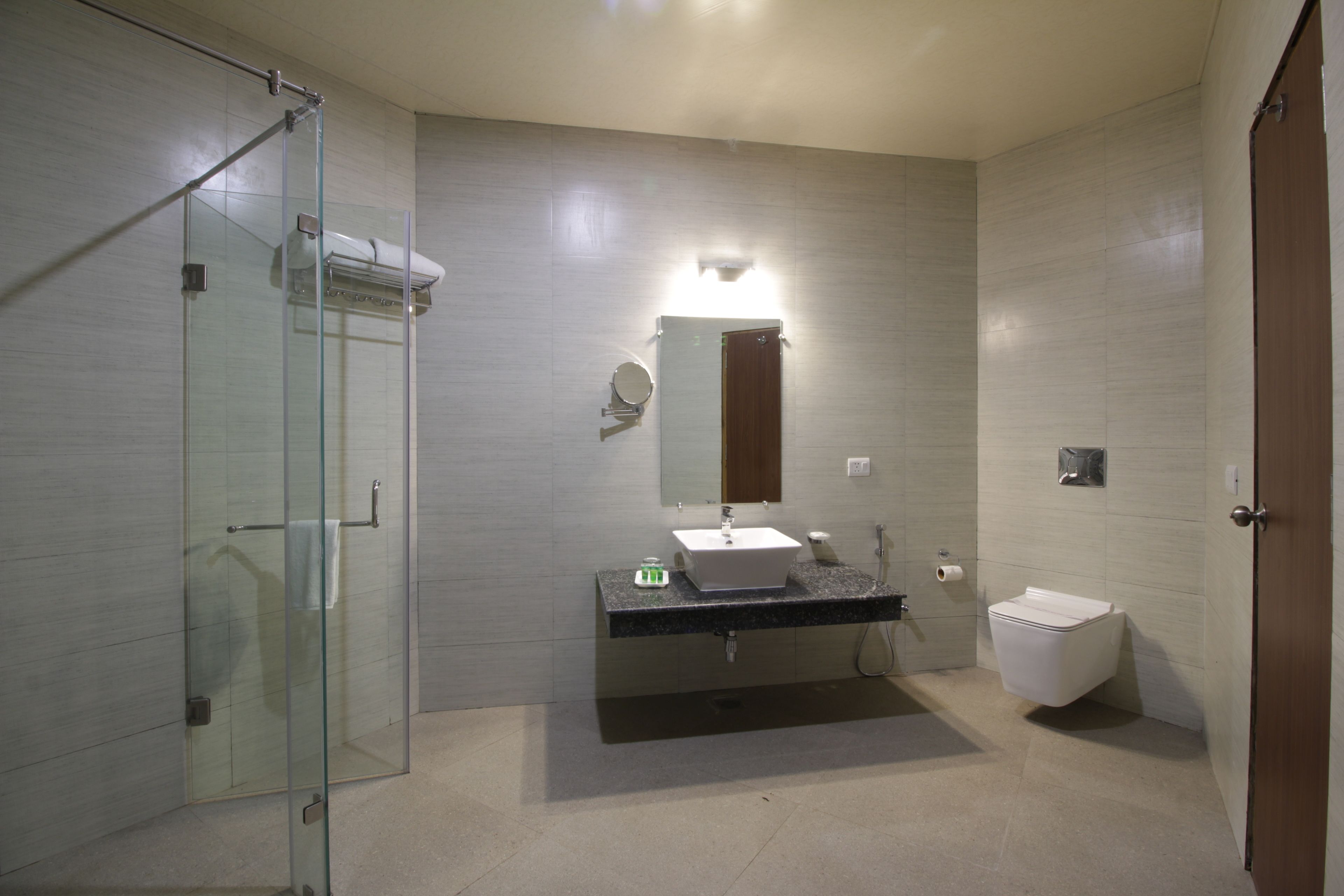 A modern bathroom with a glass shower enclosure, a sink with a mirror above, and a toilet.