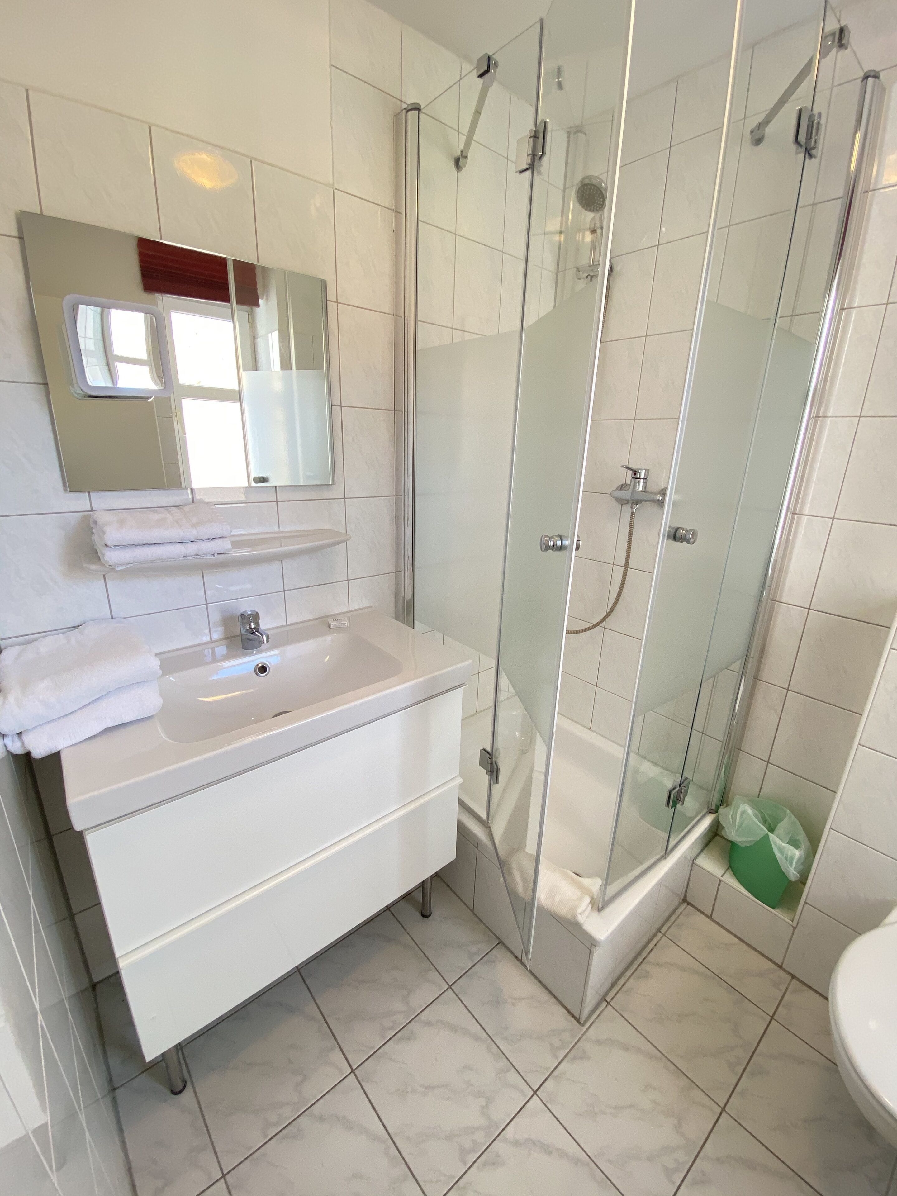 A modern bathroom with a glass-enclosed shower, a white sink, and a mirror above it.