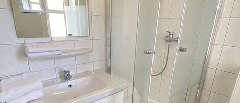 A modern bathroom with a glass-enclosed shower, a white sink, and a mirror above it.