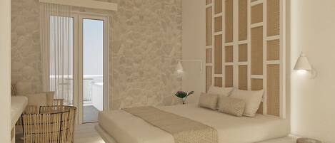 A bedroom with a large bed, a wicker chair, a balcony with curtains, and a stone-patterned wall.