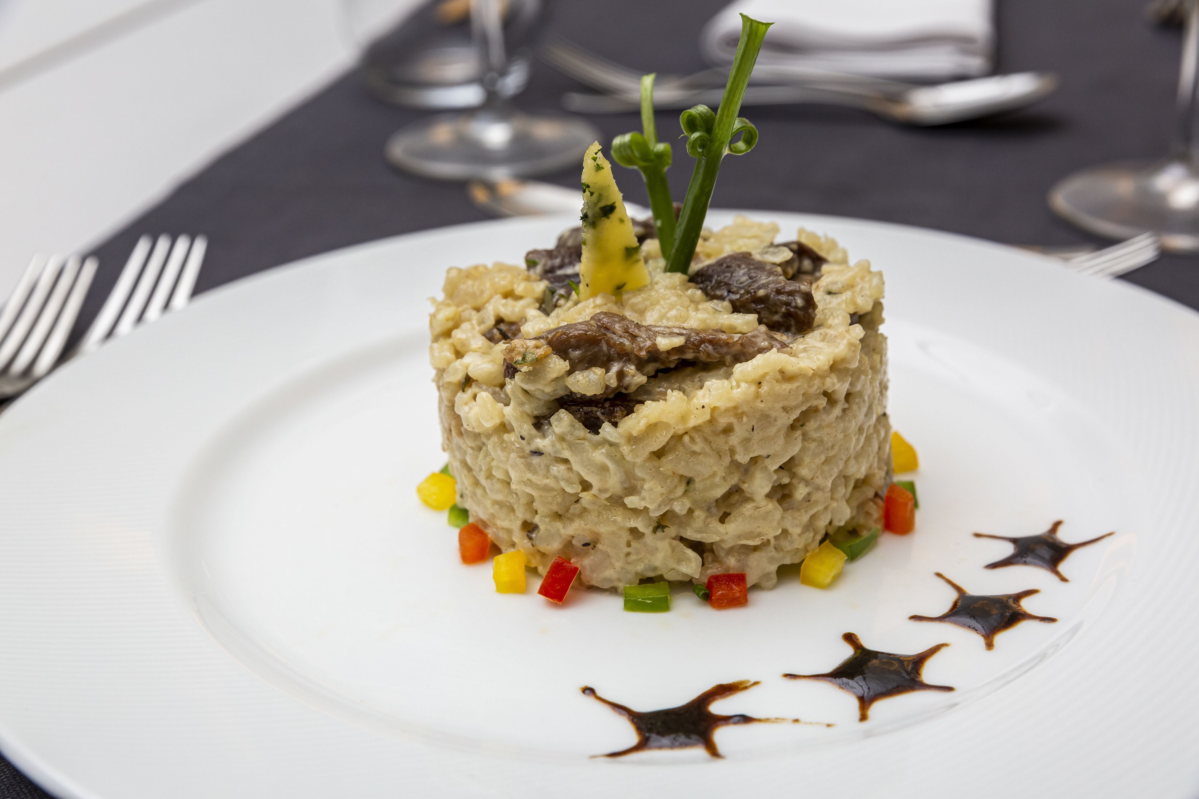 A plated dish with a garnish, surrounded by colorful diced vegetables and a dark sauce on a white plate.