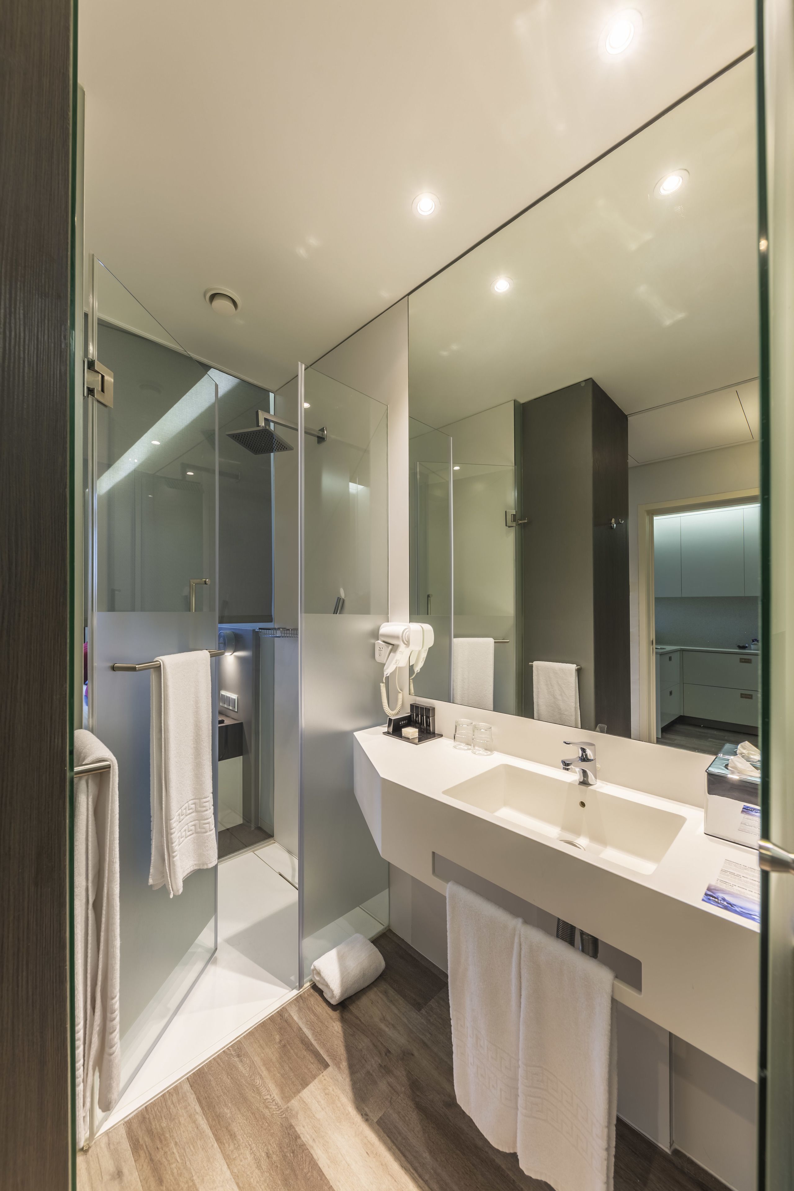 A modern bathroom with a glass shower enclosure, a large mirror, and a white sink.
