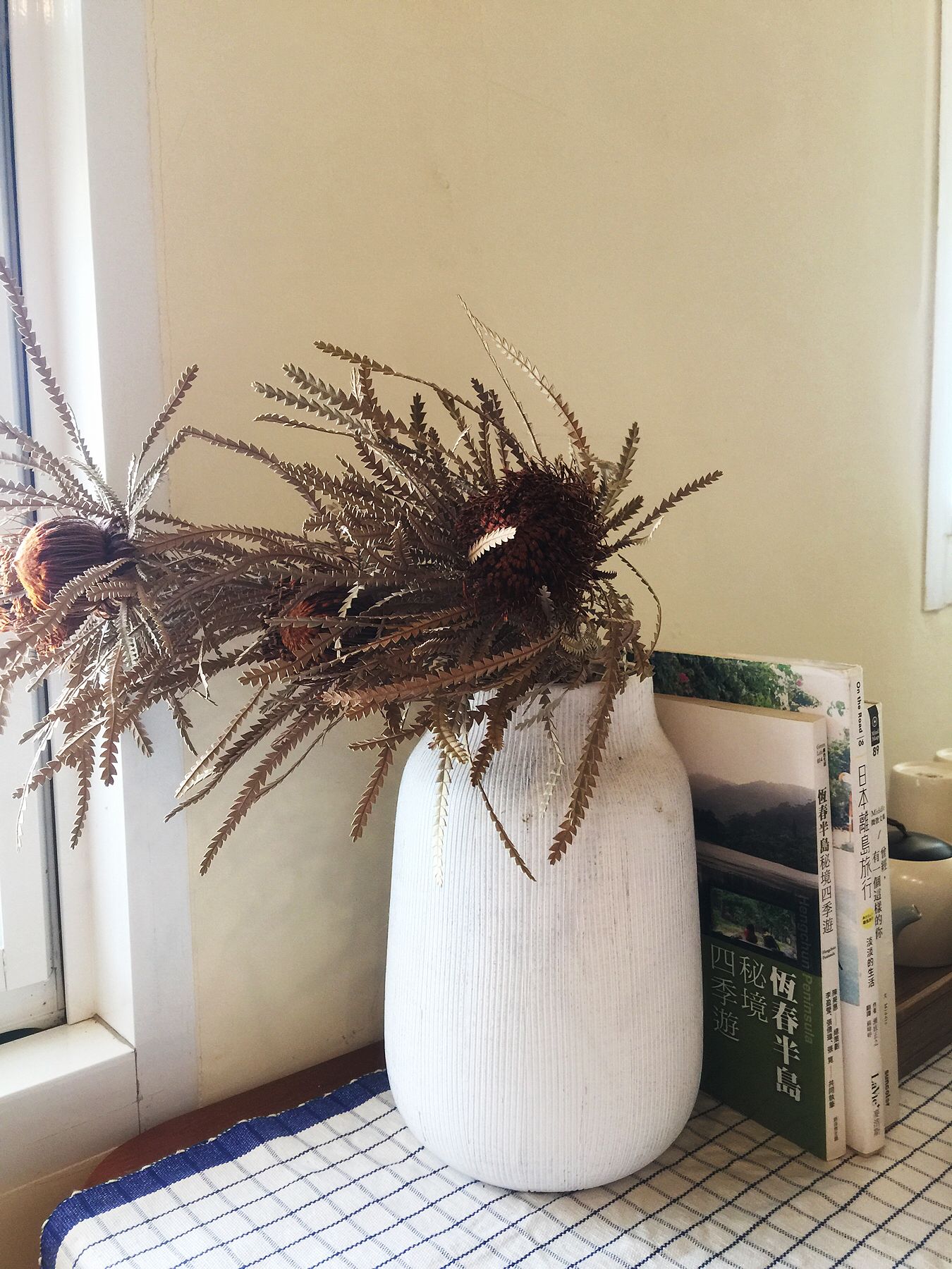 Un florero blanco con una planta sobre una mesa cerca de una ventana.