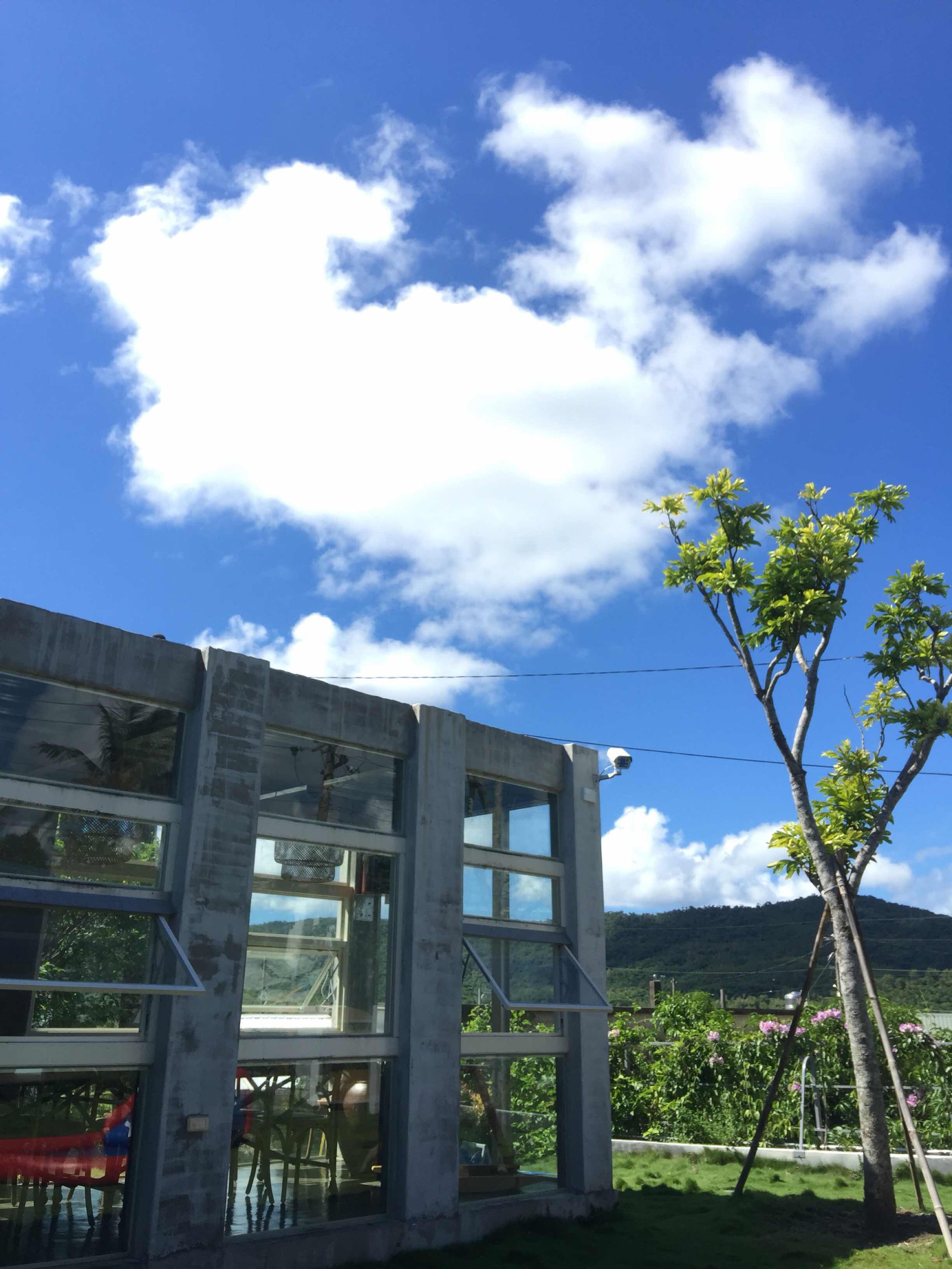 En moderne bygning med store vinduer og en glasfacade, omgivet af grønt og en klar blå himmel.