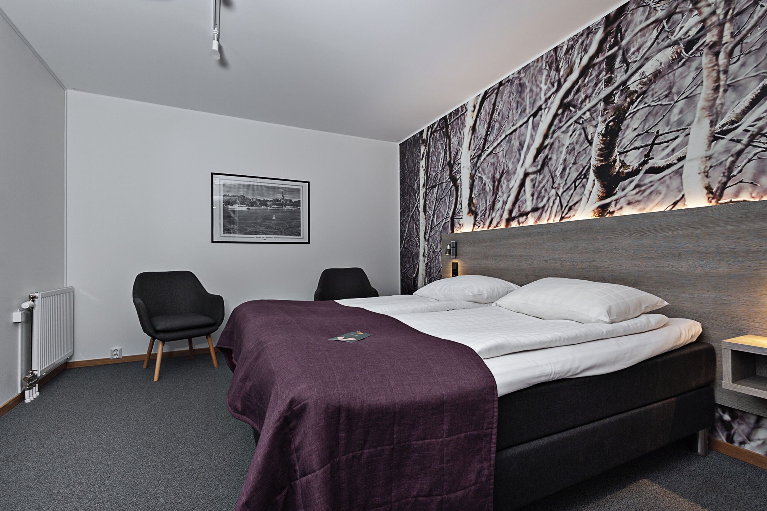 Un dormitorio con cama, una silla, una mesita de noche y un estante en la pared.