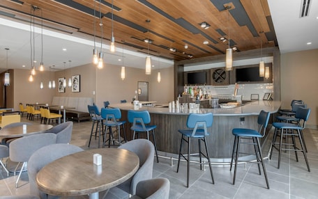 A modern bar area with a wooden ceiling, bar stools, and a counter.