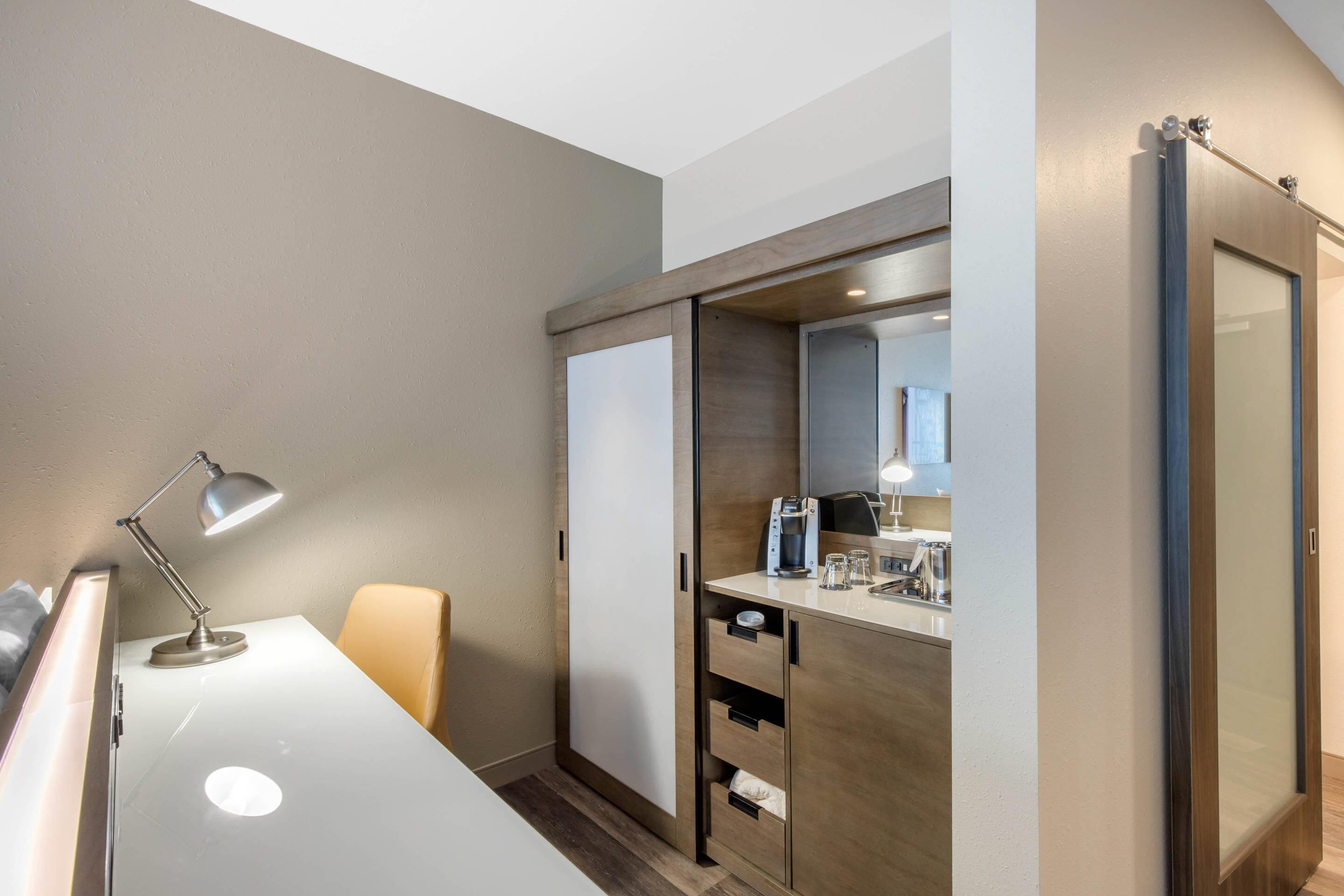 hypo-allergenic bedding, desk, laptop workspace, iron/ironing board